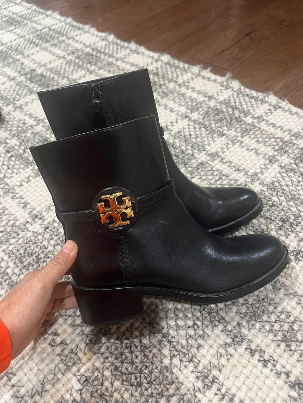 Tory Burch Black Leather Ankle Boots with Gold Logo Accent